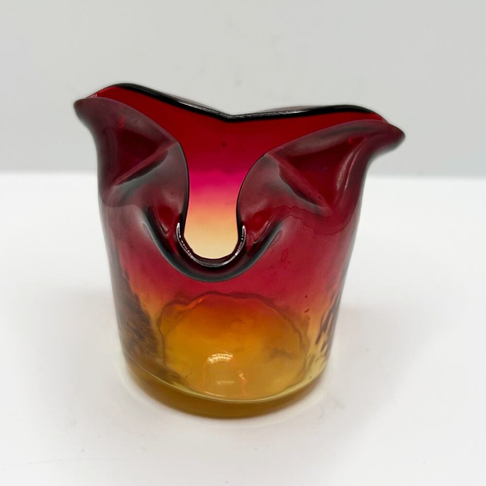 Mt Washington Diamond Quilted Amberina Glass Tri Corner Match-Toothpick Holder